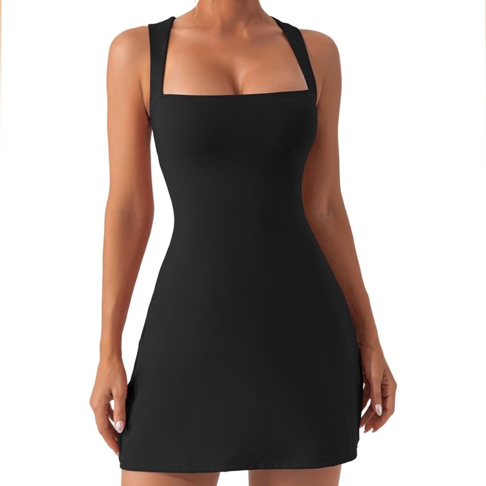 Qinsen - Square Neck Tank Top Stretch Flare Mini Dress in Black - Size S